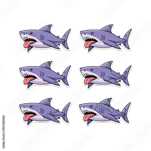 Cartoon sharks with tongue out in various poses on white background