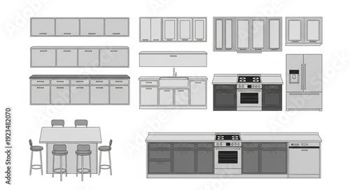 Modern kitchen design with various cabinets, appliances, and dining table arrangement.