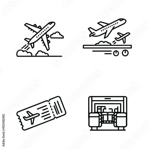 Airplanes, ticket, and cabin seats depict travel concepts