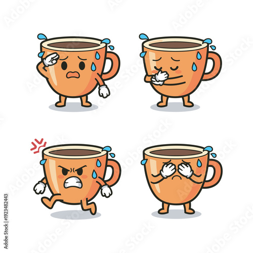 Cartoon coffee cups expressing different emotions and sickness