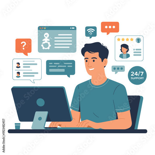 Online Customer Support Service Illustration with Chatbot and Help Desk Concept