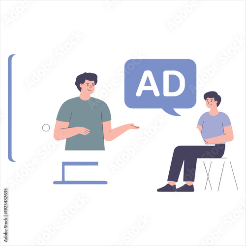 Online Advertising Concept – Digital Marketing Communication with AD Speech Bubble and People, Flat Vector Illustration