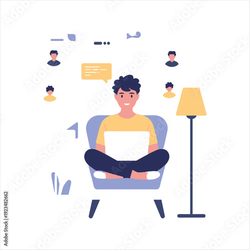 Modern Remote Work Concept – Young Man Working on Laptop at Home with Social Media and Online Communication Icons, Flat Vector Illustration
