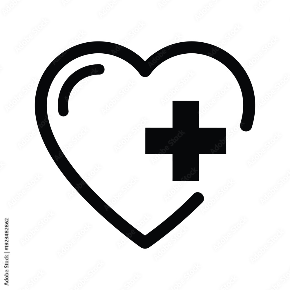 Fototapeta premium Heart with medical cross icon, simple black illustration on white background