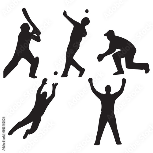 Dynamic Cricket Player Silhouettes in Action Poses: Batting, Bowling, Fielding, and Celebrating Victory, isolated on white.