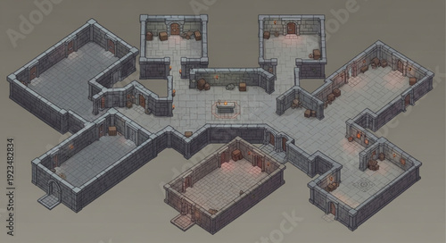 Isometric view of a detailed dungeon map with various rooms and corridors.