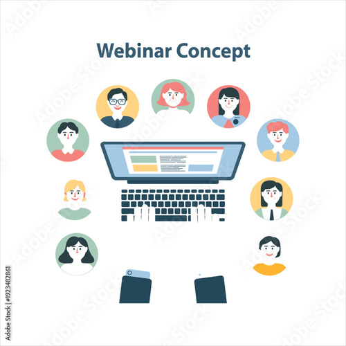 Webinar Concept with Online Participants Around Laptop, Virtual Meeting and Digital Communication Illustration