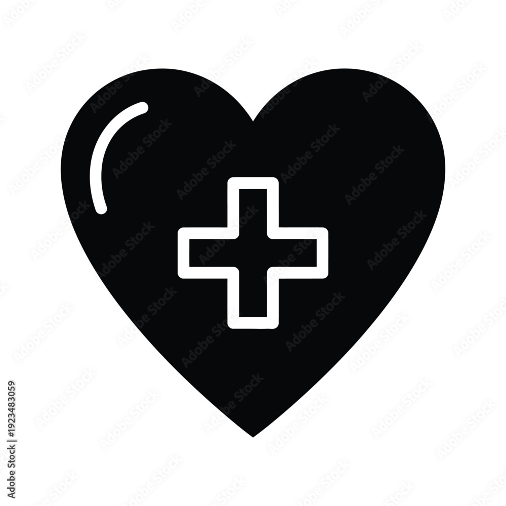 Obraz premium Black heart with white medical cross icon on white background