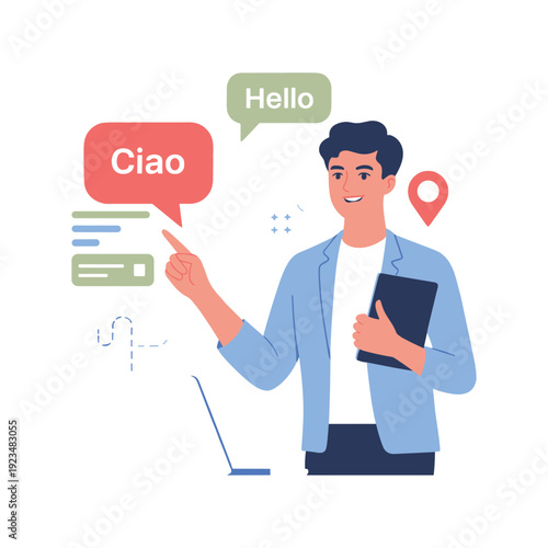 Young Man Learning Multiple Languages Online with Speech Bubbles and Digital Education Concept Illustration