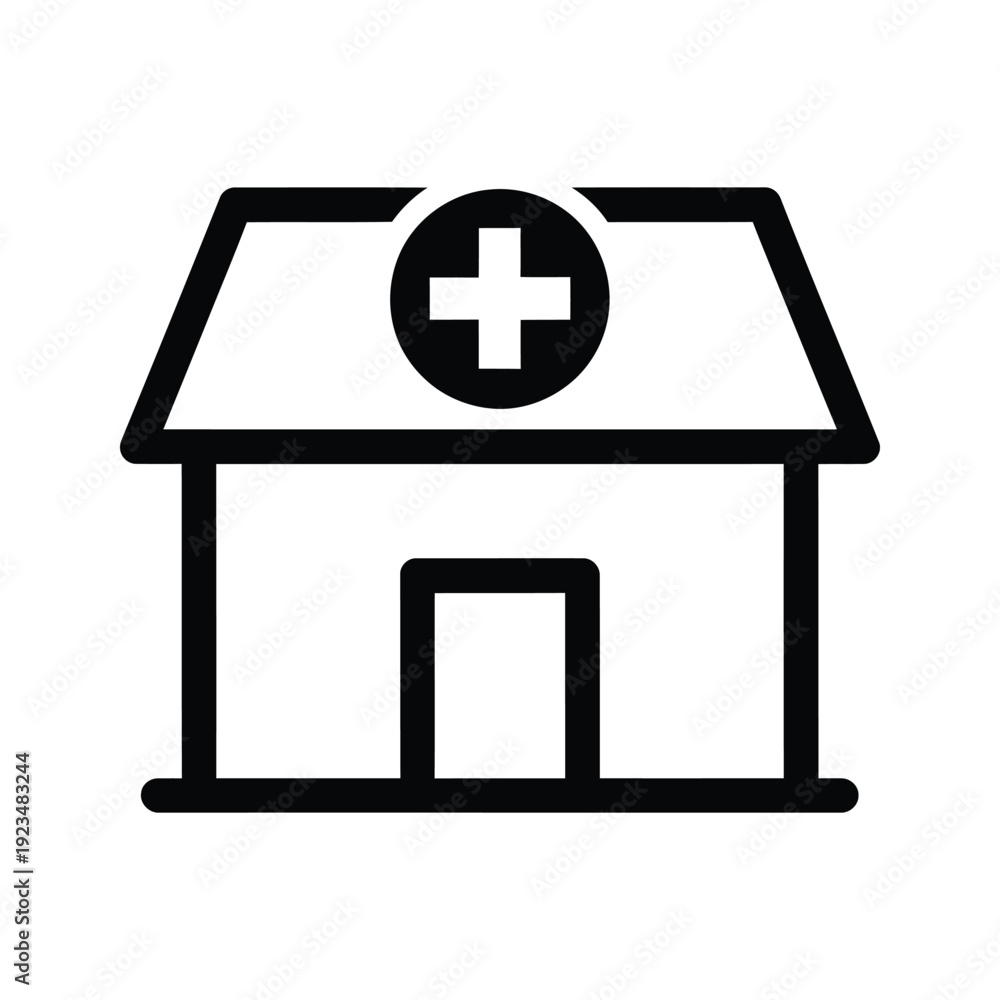 Obraz premium Hospital building icon with medical cross symbol on roof