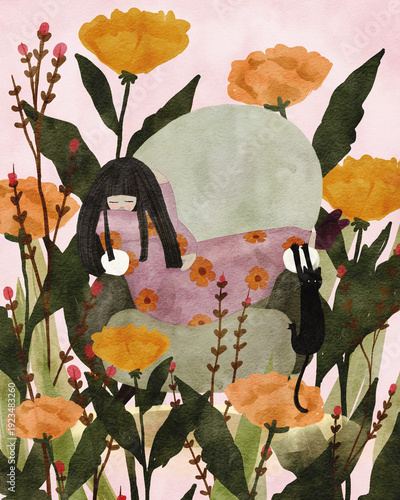 Bilde på lerret Whimsical watercolor illustration of girl resting in floral garden with black cat