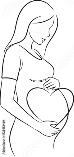 Pregnant woman holding belly in black line black and white maternity expecting mother