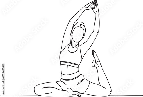 Woman in yoga pose with one leg bent behind her stretching exercise fitness
