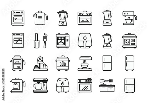 Kitchen appliances outline icons set for home cooking and food preparation