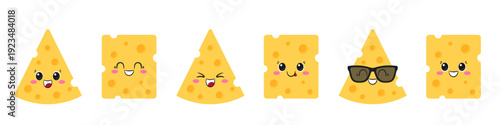 Slice of cheese set, ingredient for pizza and pasta, dairy product, cute and fun cartoon character, happy smiling face, emotions joy delight, kawaii style, icon vector illustration.