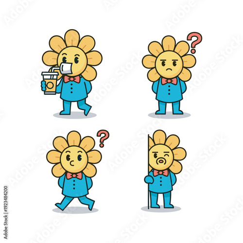 Cartoon sunflowers in blue suits with question marks and coffee cup on white background