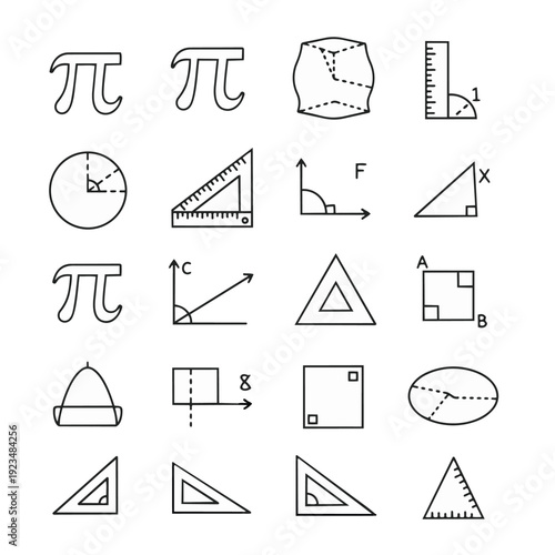 Geometric shapes and mathematical symbols line art icons representing education concepts