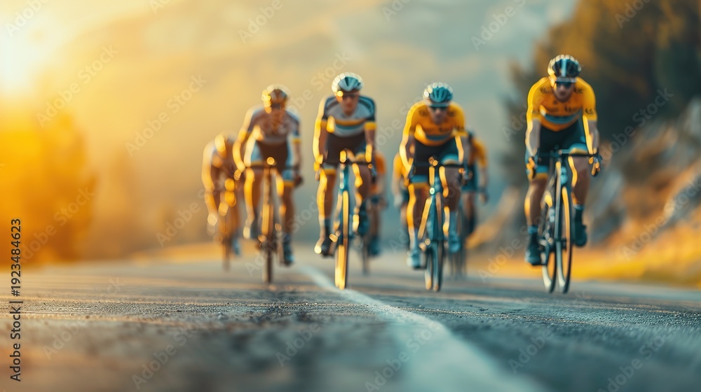 Fototapeta premium Group of competitive road cyclists riding fast on mountain highway during golden sunset, capturing teamwork, speed, and endurance.