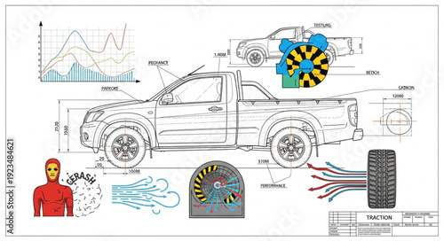 Technical Drawing of a Car with Diagrams.