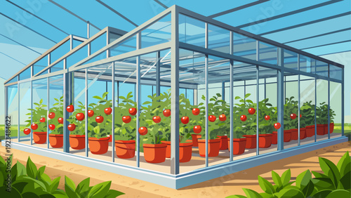 A large modern greenhouse filled with organized rows of ripe tomato plants growing vertically on supports