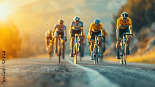 Group of competitive road cyclists riding fast on mountain highway during golden sunset, capturing teamwork, speed, and endurance.