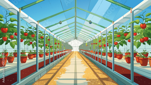 A large modern greenhouse filled with organized rows of ripe tomato plants growing vertically on supports