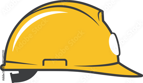 Yellow hard hat worn for safety protection during construction work or industrial operations is viewed from the side.