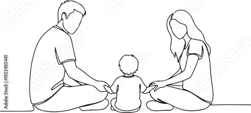 Black and white continuous line of a family with a child sitting together holding hands parents