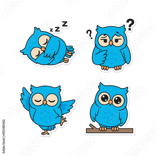 Cartoon blue owl emotions set with different facial expressions on white background