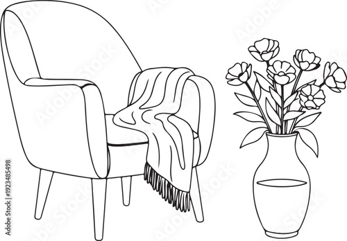 Black and white line of a comfortable armchair with a draped blanket and a vase of flowers furniture