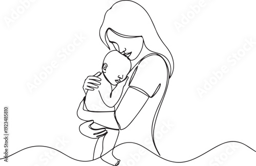 Continuous line of a mother holding her baby close embrace love