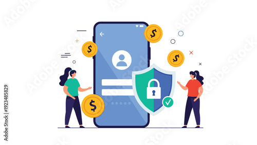 Two women standing near a large phone with a security shield and padlock representing safe online banking and financial data protection.