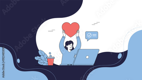 Happy young woman working on her laptop while holding a large red heart symbol to express love for her job or a positive customer experience.