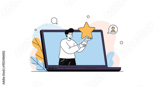 Young man appearing through a laptop monitor and holding a bright golden star to represent high quality rating and customer satisfaction.