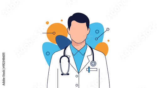 Professional male doctor wearing a white lab coat and a stethoscope standing against a clean blue and orange abstract background.