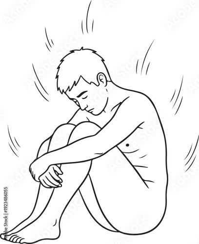 Line of a young person curled up in a fetal position with their head down and arms wrapped around their knees
