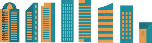 Diverse collection of stylized buildings, from modern skyscrapers to cozy homes, in a vibrant color palette.