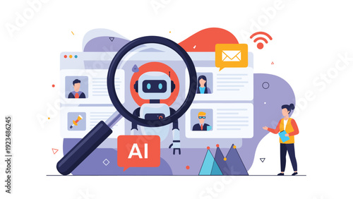 Large magnifying glass focusing on a robot character among several human profile cards on a website during a hiring or search process.