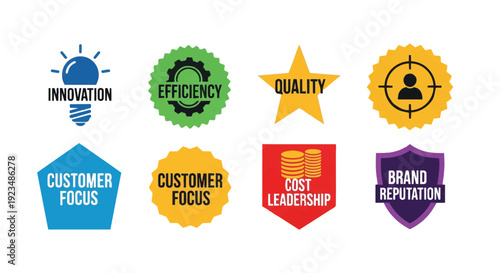 Business core values strategy icons innovation efficiency quality customer focus cost leadership brand reputation vector graphic