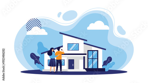 Happy couple looking at their new modern home in a peaceful suburban neighborhood with a blue sky and white clouds background.