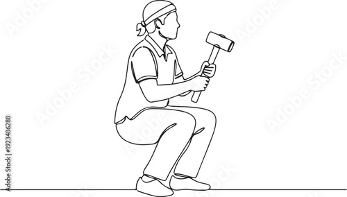 Person wearing bandana squatting holding a sledgehammer in a continuous line male woman female