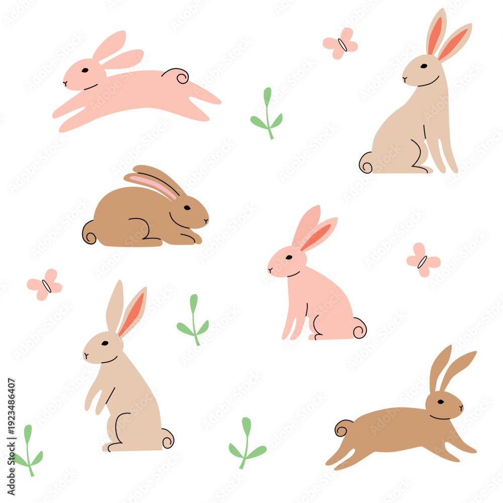 Obraz premium Set of cute rabbits in different poses for easter or spring design. Vector illustration.