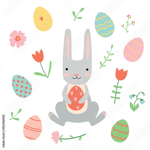 A cute rabbit with easter colored egg. Concept for easter egg hunt