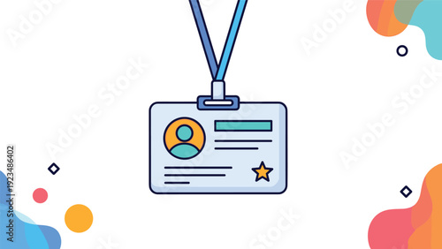 Professional ID badge with a profile photo hanging on a blue lanyard against a vibrant background with colorful abstract shapes.