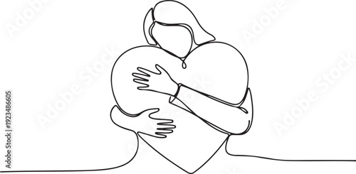 Single line of a person embracing a large heart shape with their arms love embrace