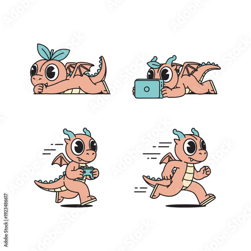 Cute cartoon dragon using technology and exercising in different poses with copy space