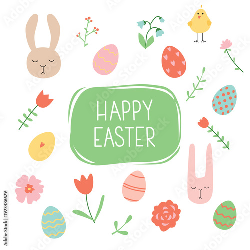 Simple Happy Easter card with easter eggs, flowers and rabbit.