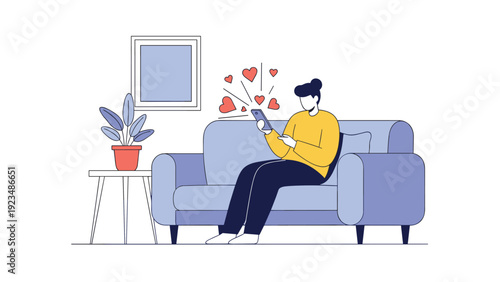 Woman sitting on a comfortable purple sofa and using her smartphone while several red heart symbols float around her during a chat.