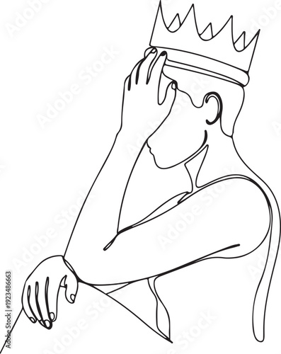 Single line of a person wearing a crown with hand on forehead line black and white continuous line human