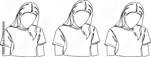 Three abstract line portraits of a young woman wearing a t-shirt line abstract girl